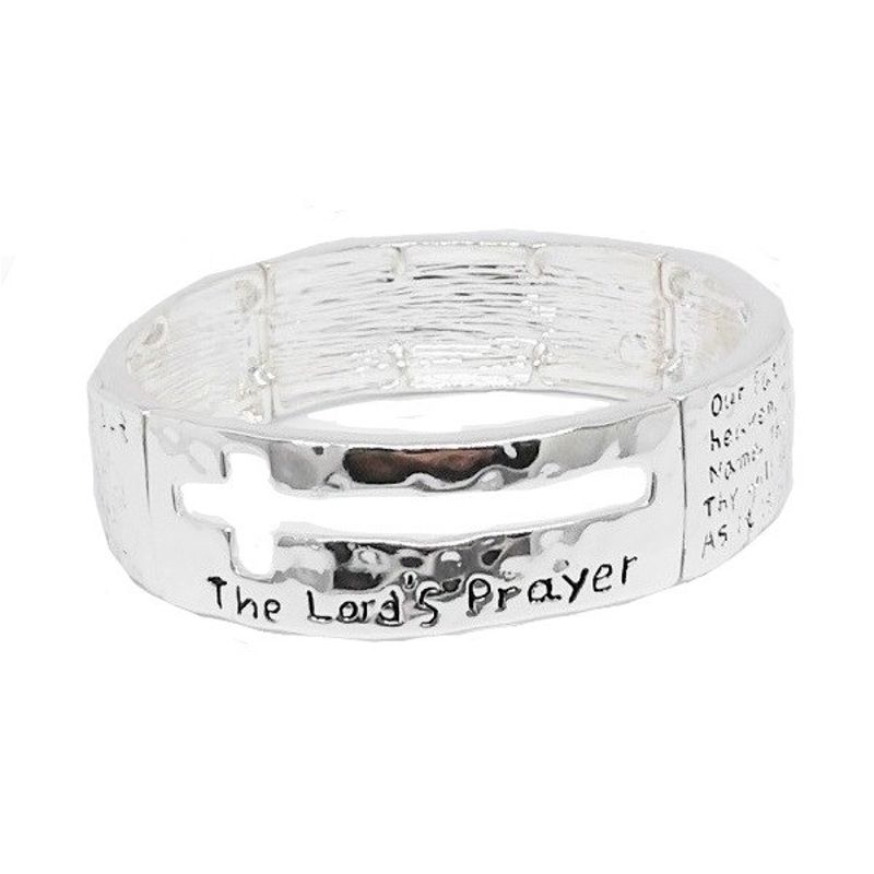 Lord's Prayer Silver Stretch Bracelet w/Cut-out Cross - B2426 - Click Image to Close